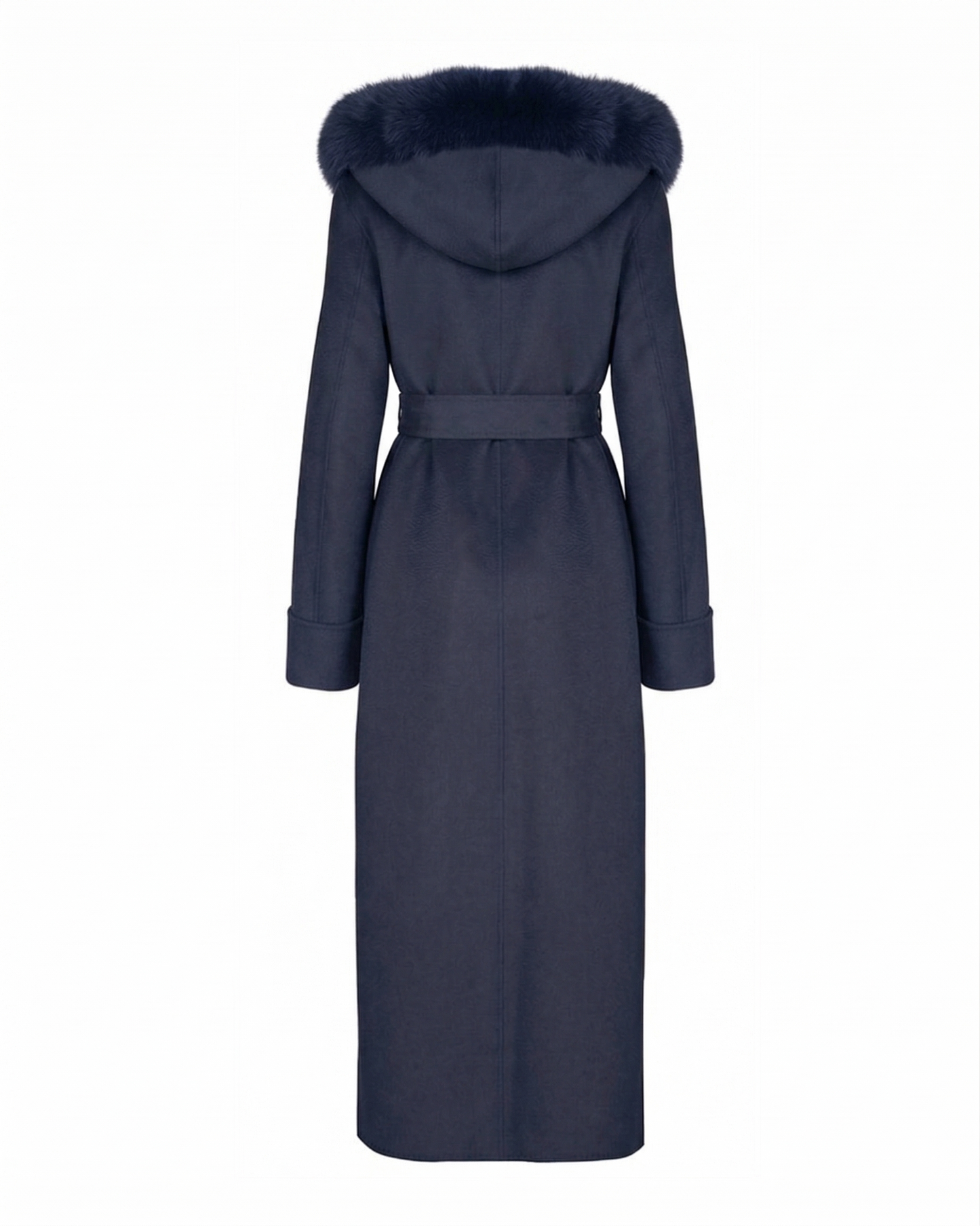 Navy Wool-Cashmere Coat with Fox Fur Trim