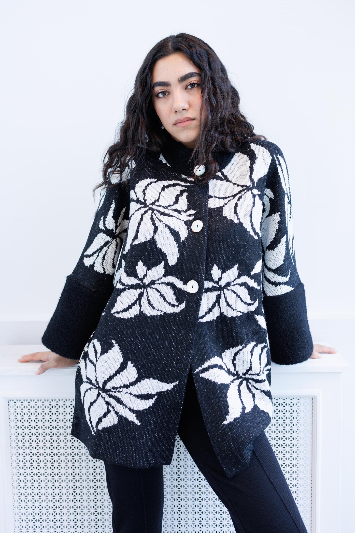 Floral Textured Knit Jacket with Pearl Buttons