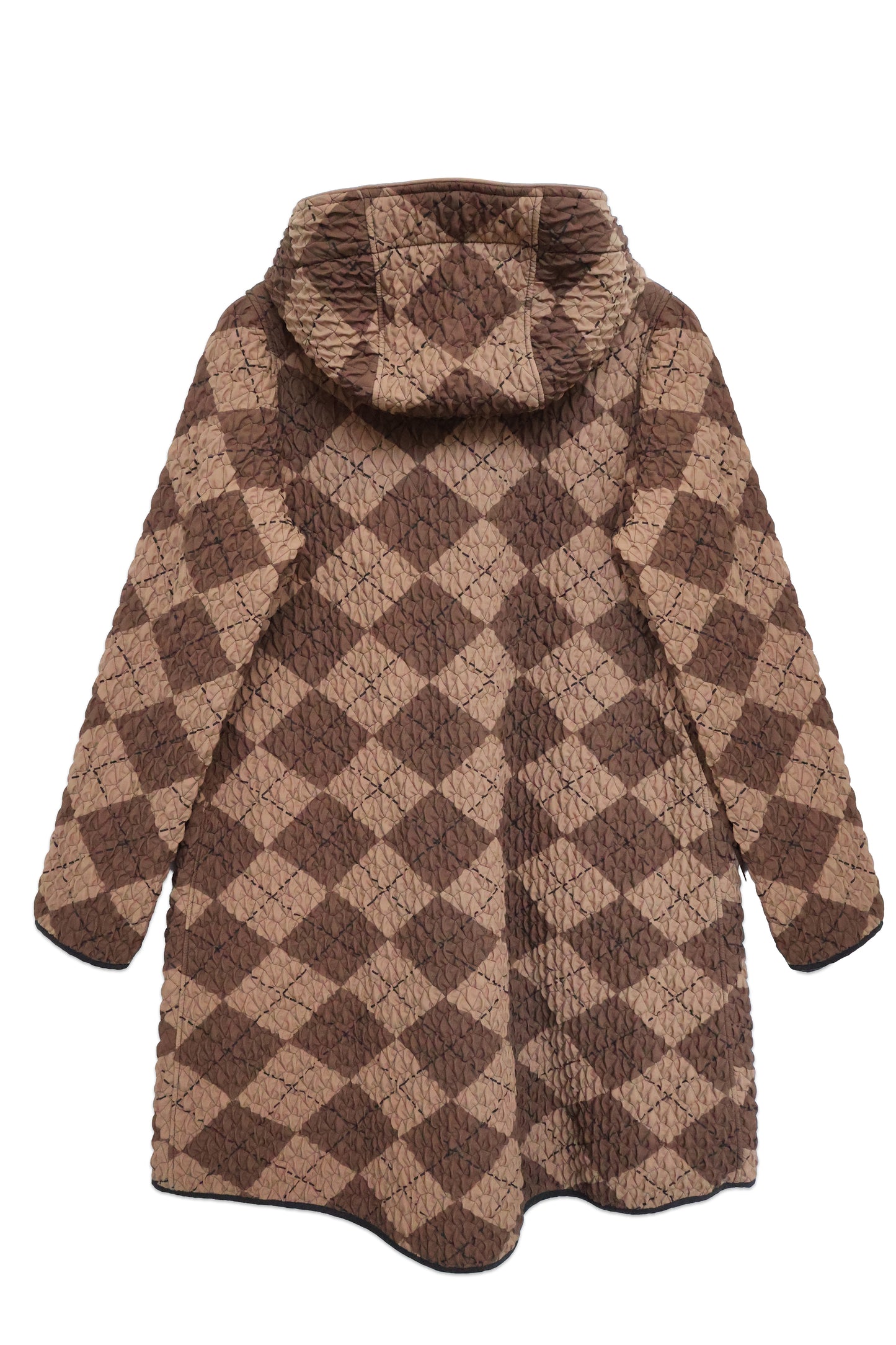 Quilted Check Knee-Length Coat — Brown