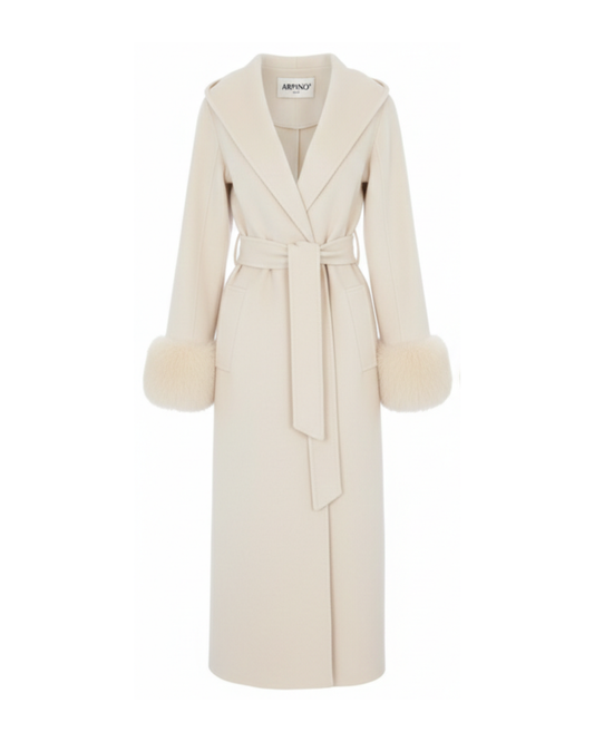 Beige Wool-Cashmere Coat with Fur Sleeves