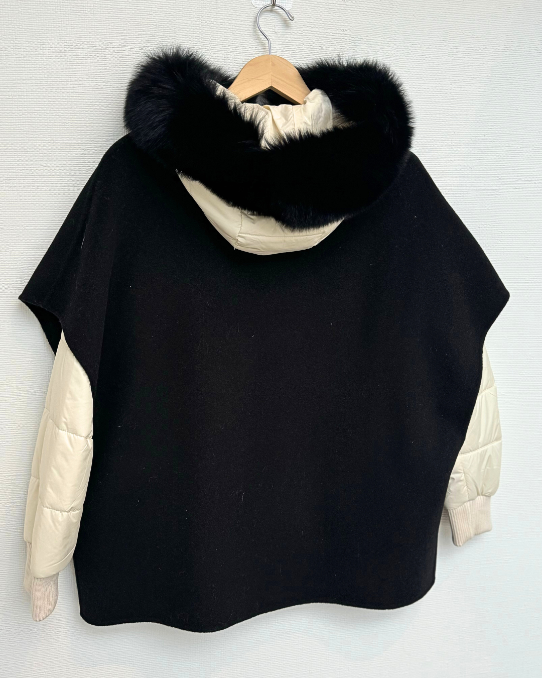Black Contrast Quilted Puffer with Cashmere Cape & Mink Fur
