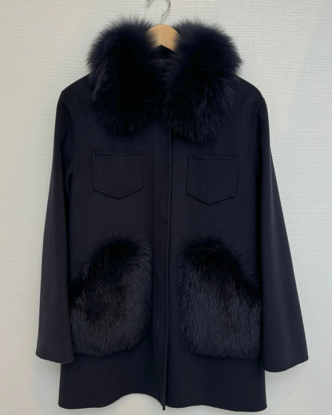 Navy Shirt Jacket with Fox Fur Details