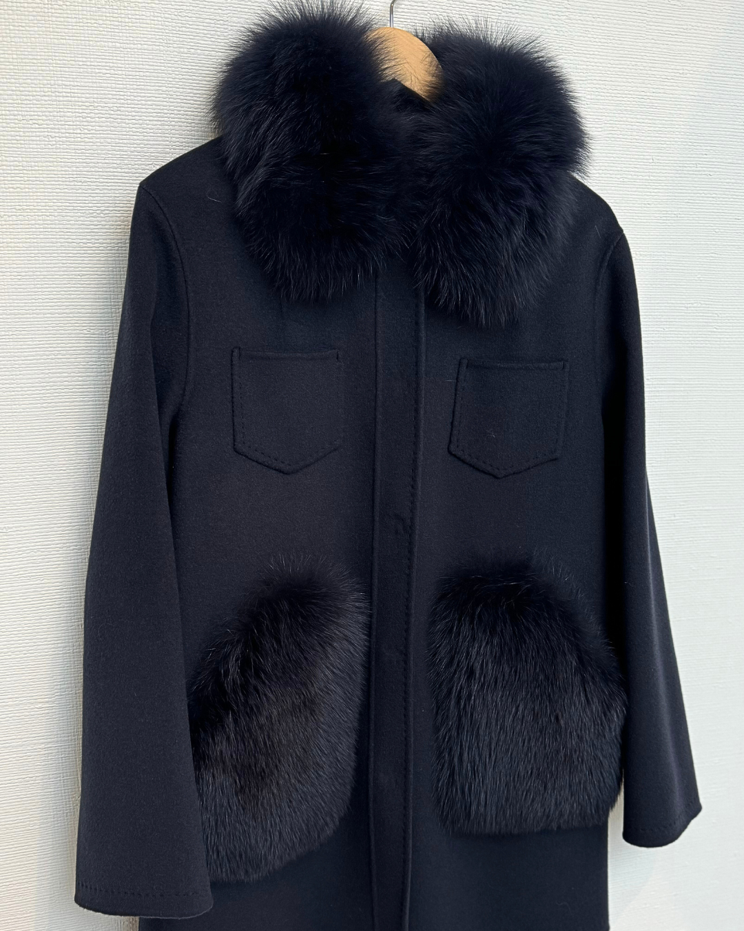 Navy Shirt Jacket with Fox Fur Details