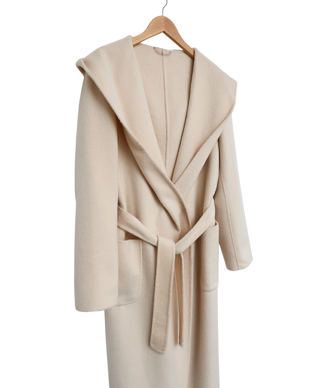 Beige Cashmere Coat with Hood & Tie Belt