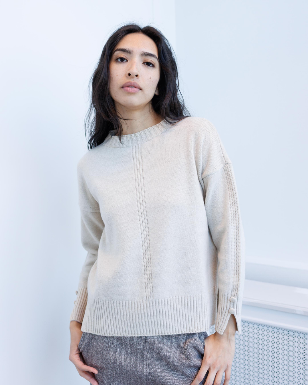 Ribbed Button-Detail Crewneck