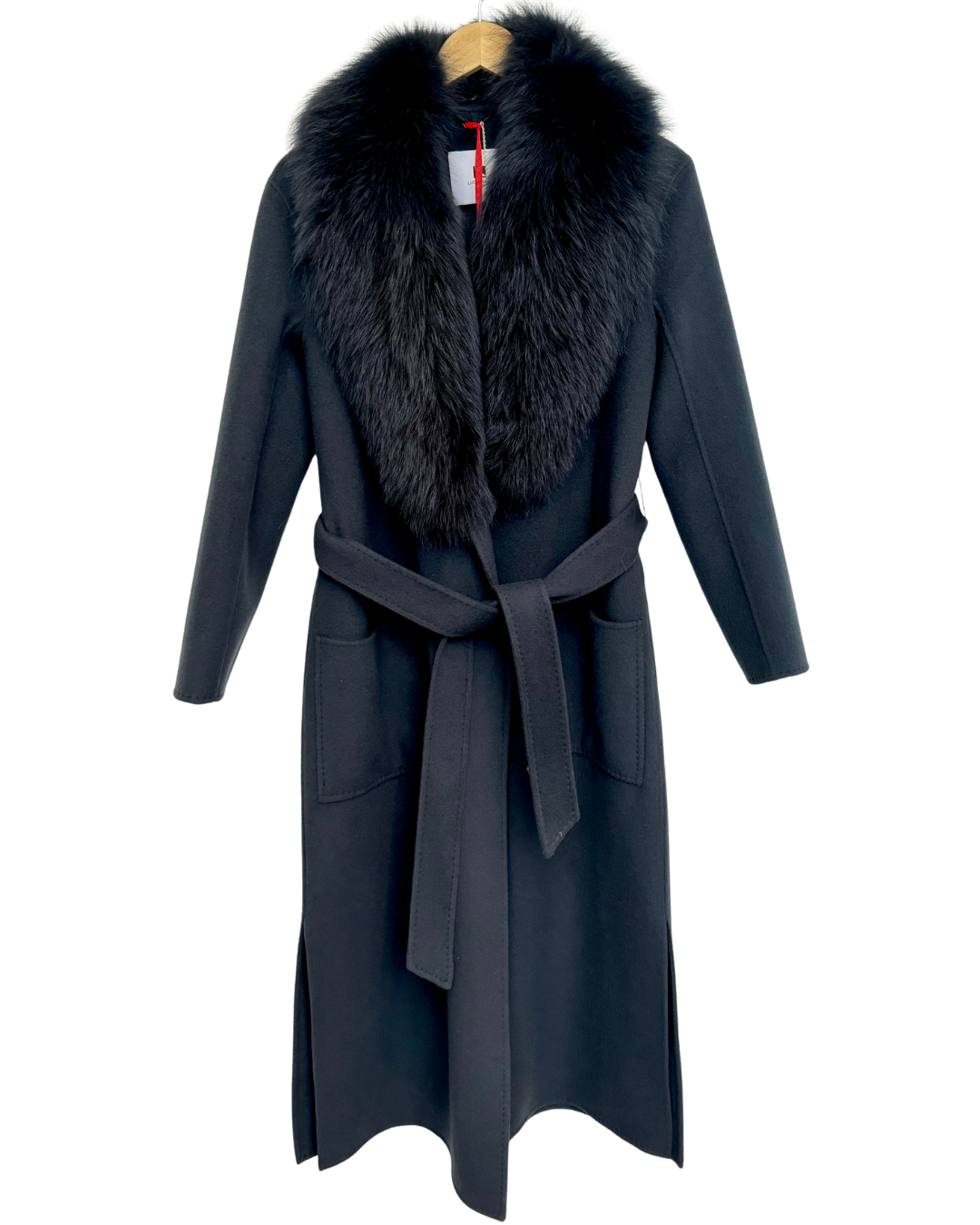 Black Wool-Cashmere Coat with Fox Fur Collar