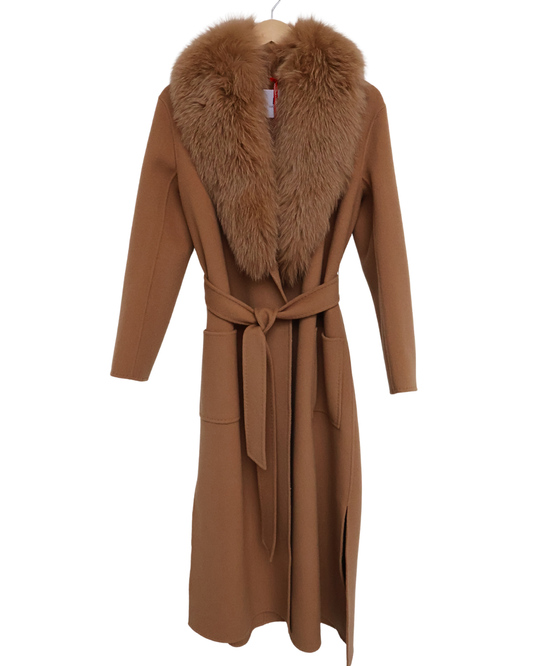 Camel Wool-Cashmere Maxi Coat with Fox Collar