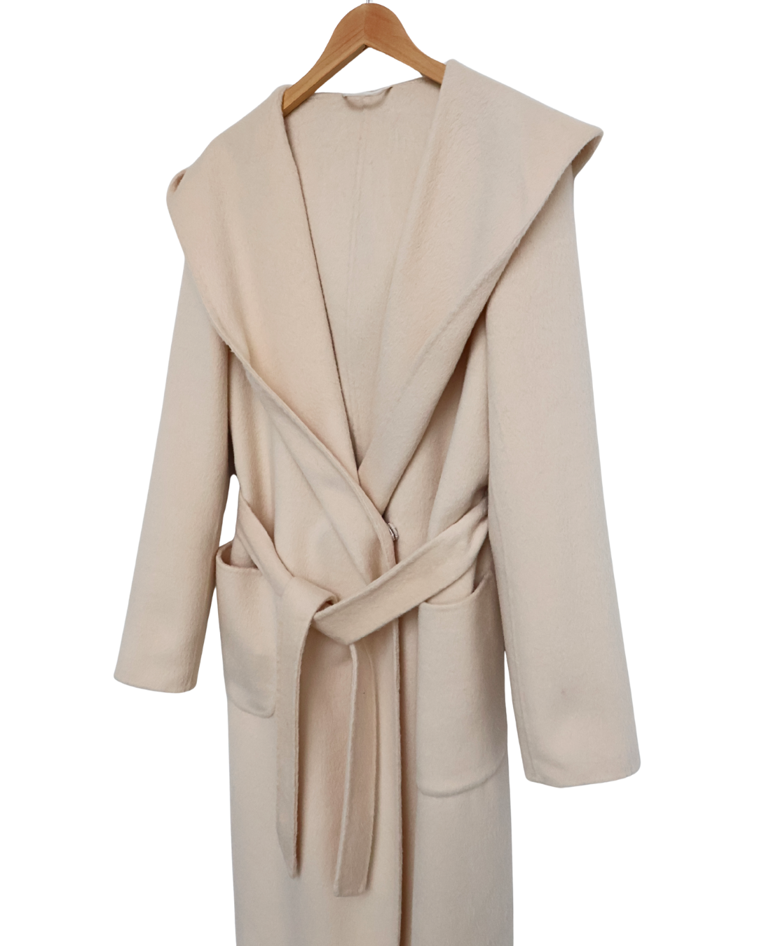 Beige Cashmere Coat with Hood & Tie Belt