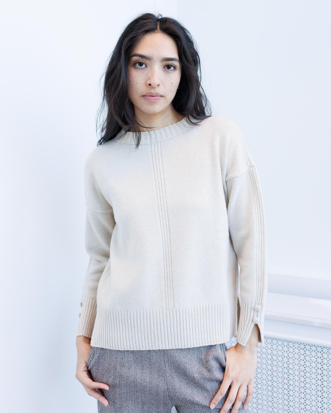 Ribbed Button-Detail Crewneck