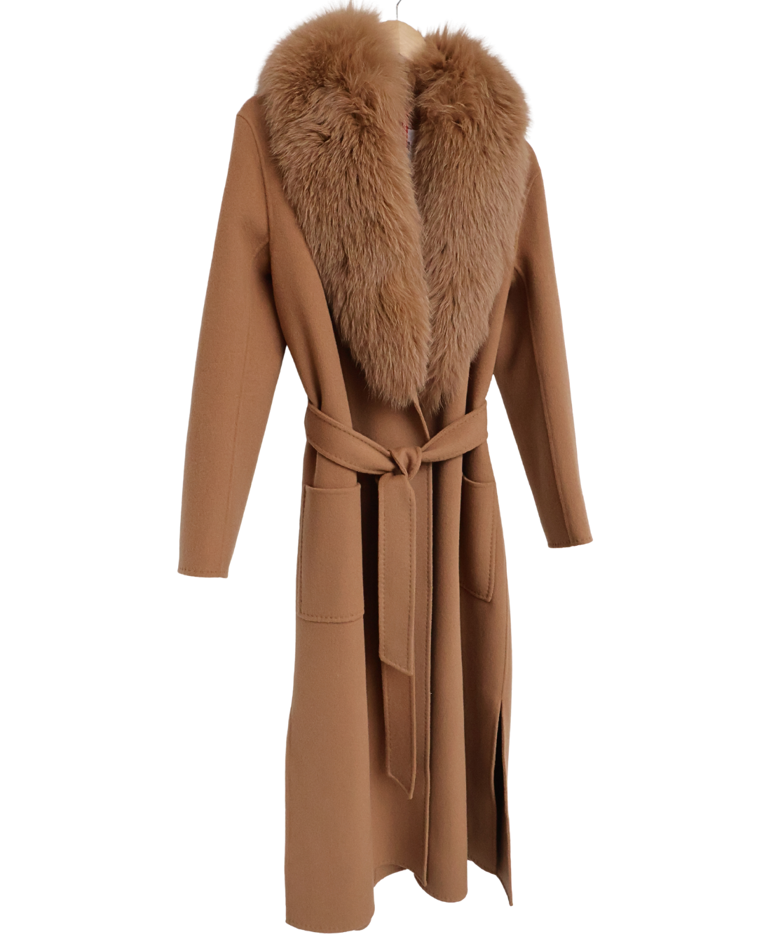 Camel Wool-Cashmere Maxi Coat with Fox Collar