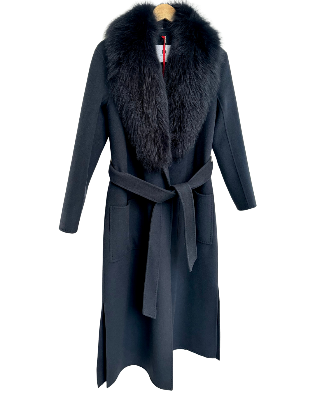 Black Wool-Cashmere Coat with Fox Fur Collar