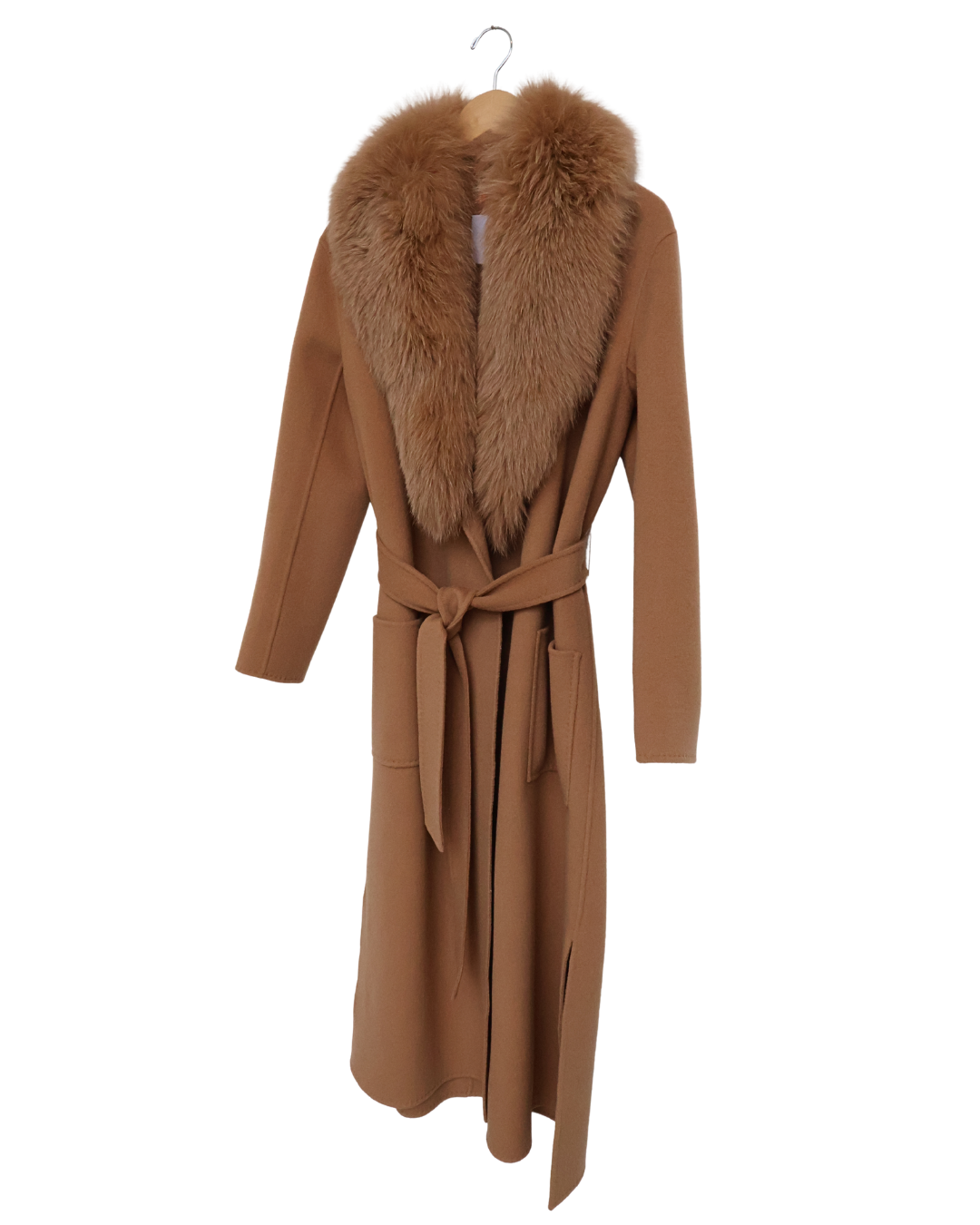 Camel Wool-Cashmere Maxi Coat with Fox Collar