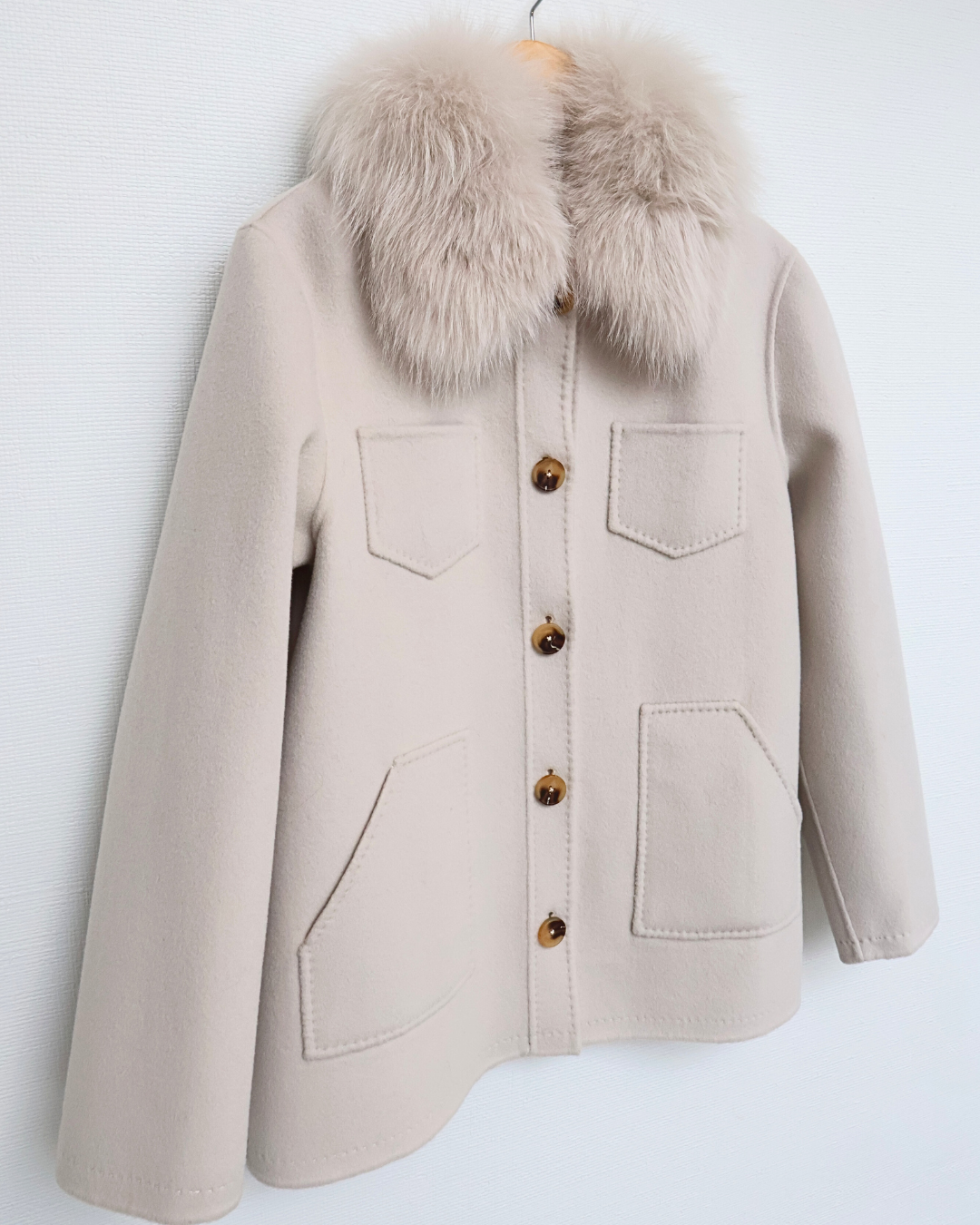 Cream Wool-Cashmere Shirt Jacket with Fur Collar