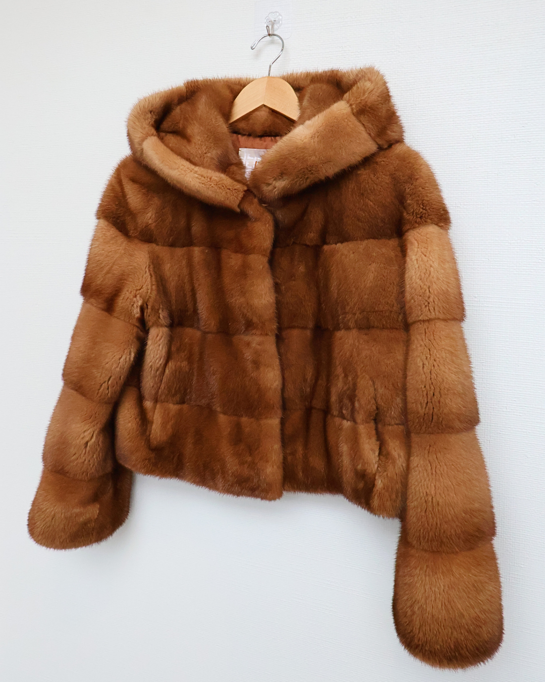Camel Brown Mink Fur Jacket with Hood | Cropped Length