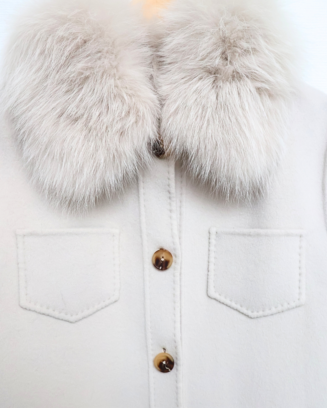 Cream Wool-Cashmere Shirt Jacket with Fur Collar
