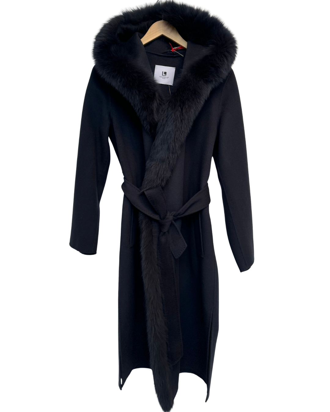 Navy Wool-Cashmere Coat with Fox Fur Trim