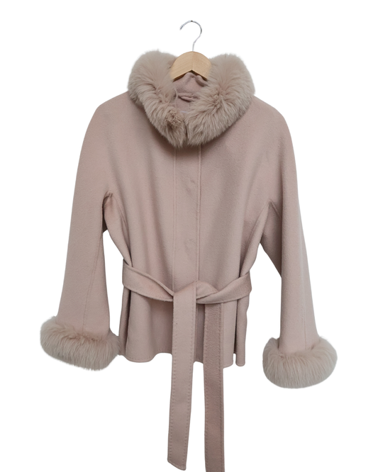 Light Pink Wool Zibeline Coat with Fox Fur