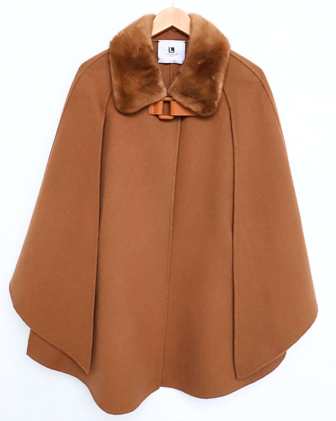 Camel Wool-Cashmere Cape with Leather Closure