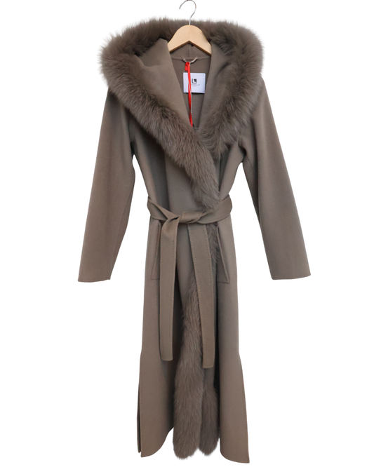 Taupe Wool-Cashmere Coat with Fur Trim