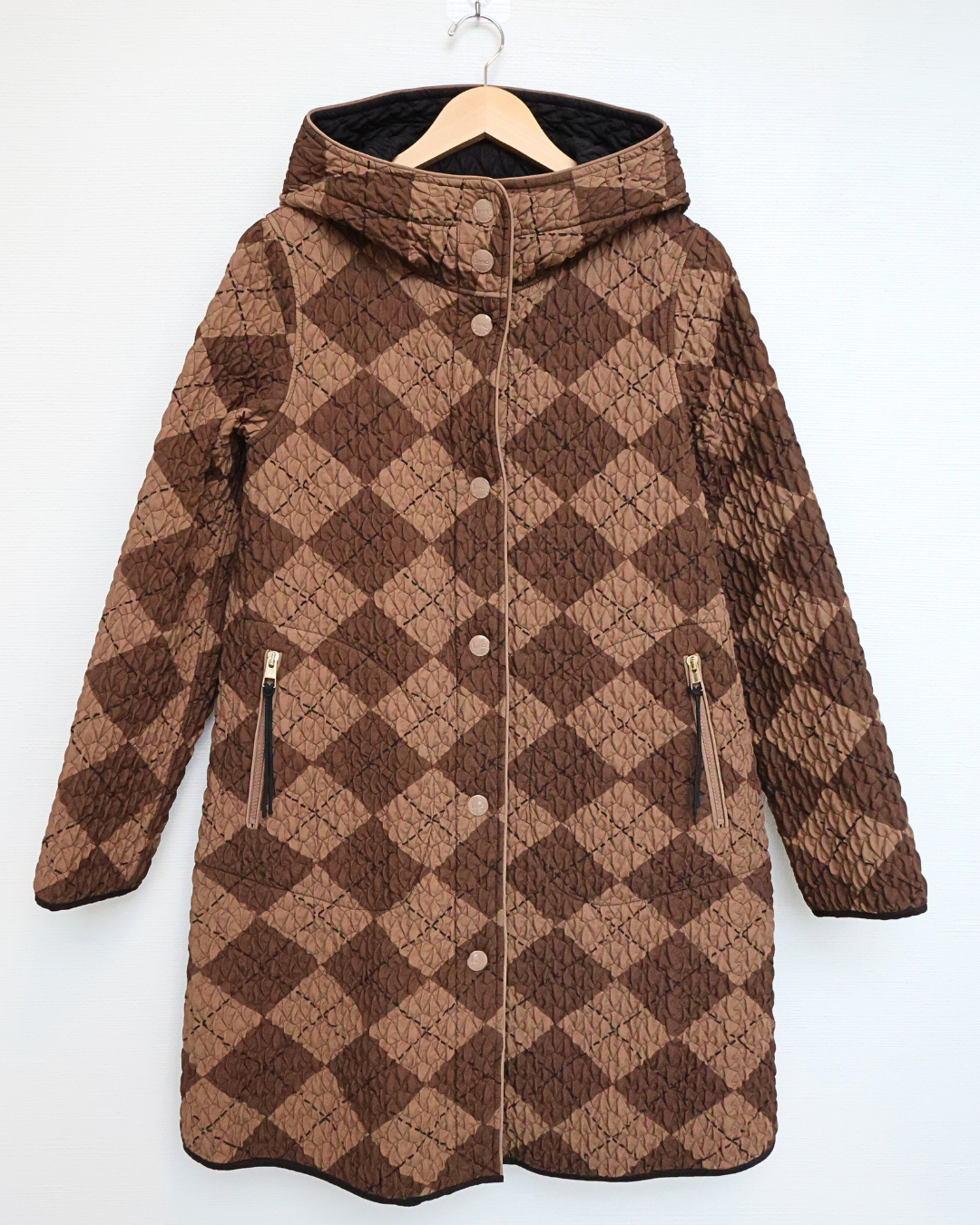 Quilted Check Knee-Length Coat — Brown