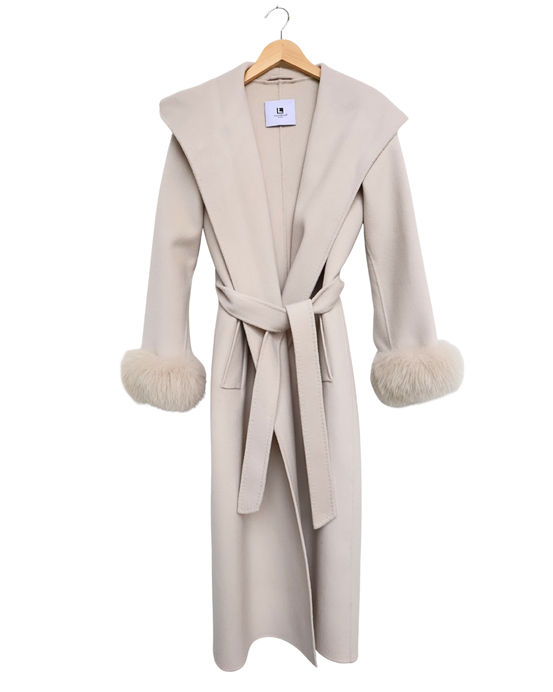 Beige Wool-Cashmere Coat with Fur Sleeves