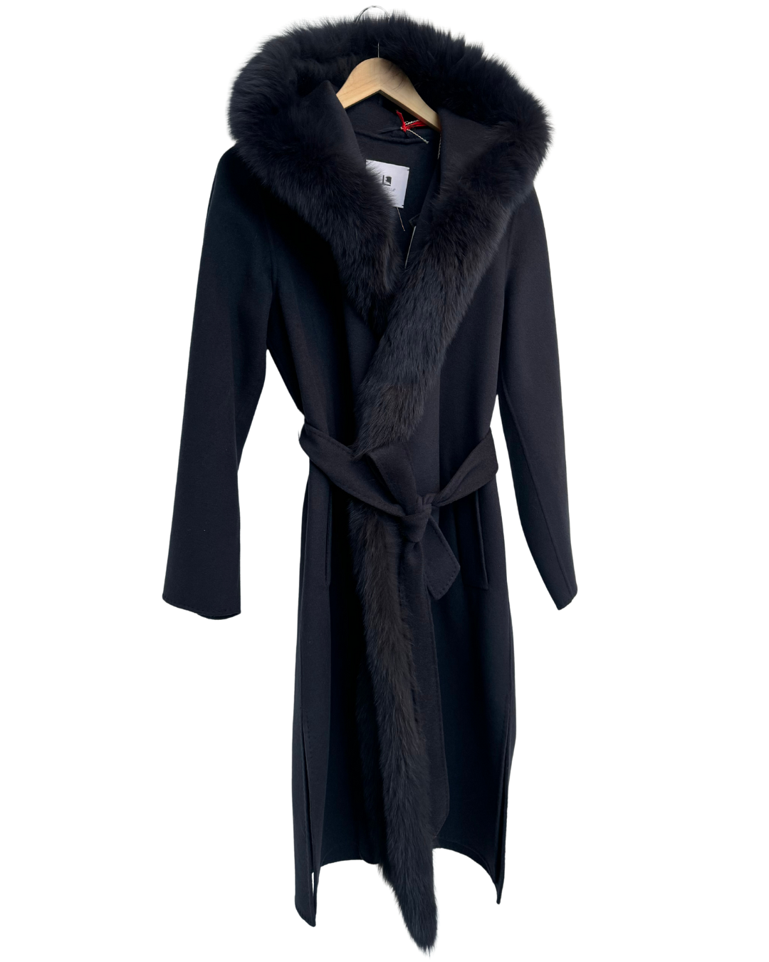 Navy Wool-Cashmere Coat with Fox Fur Trim