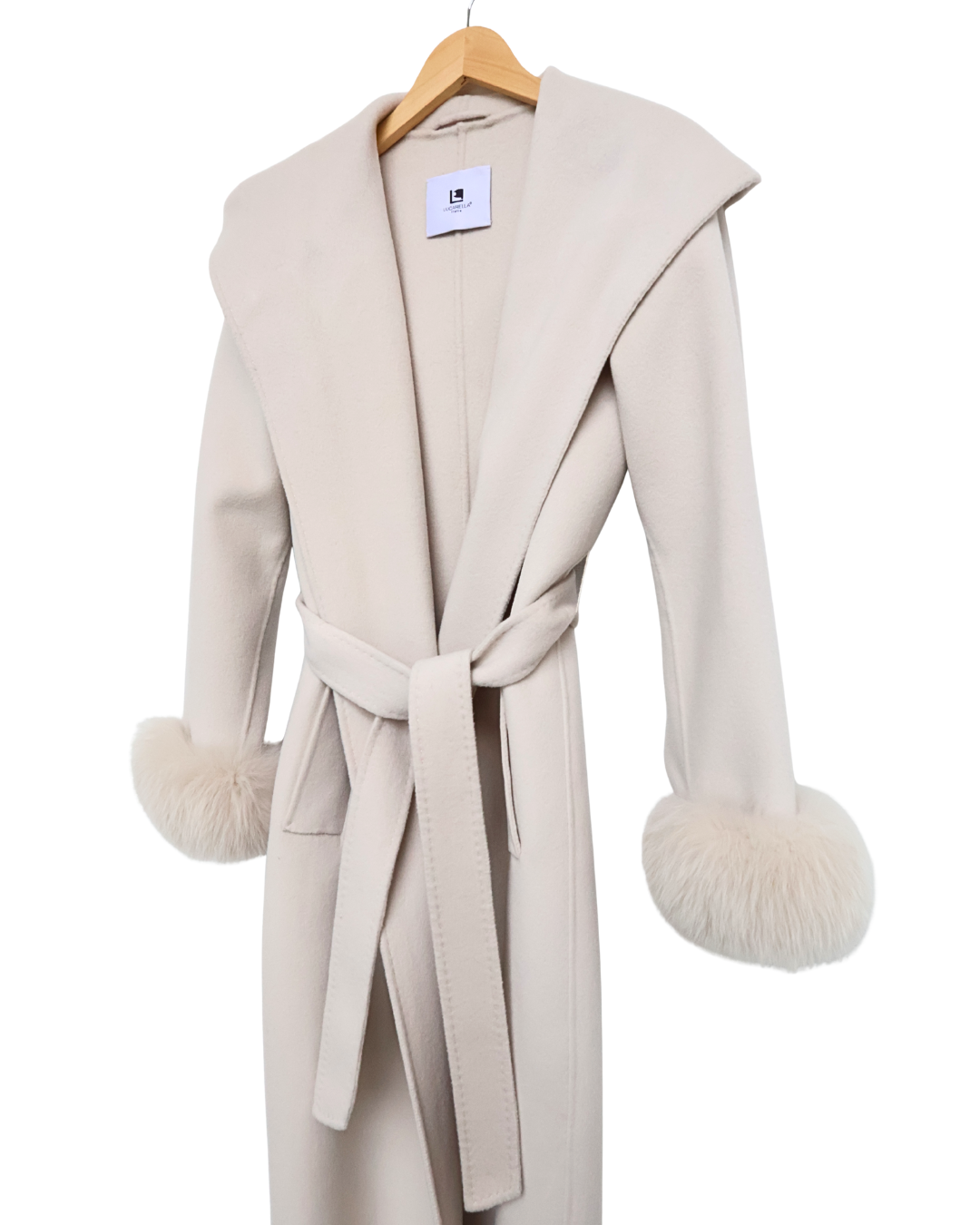 Beige Wool-Cashmere Coat with Fur Sleeves