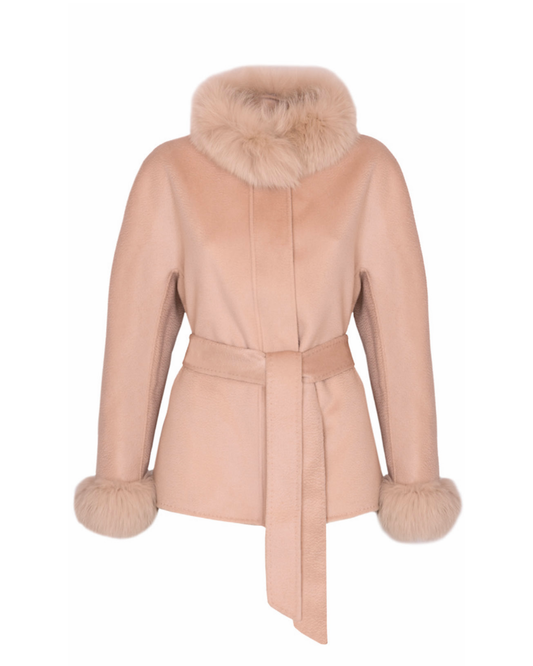Light Pink Wool Zibeline Coat with Fox Fur