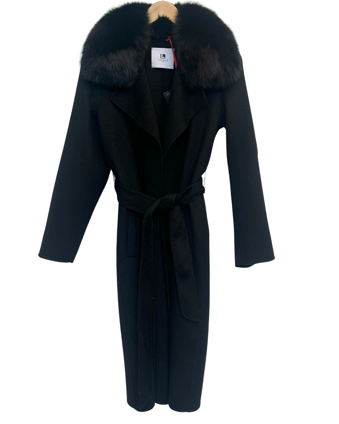 Black Wool Zibeline Coat with Fox Fur Collar