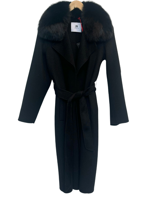 Black Wool Zibeline Coat with Fox Fur Collar