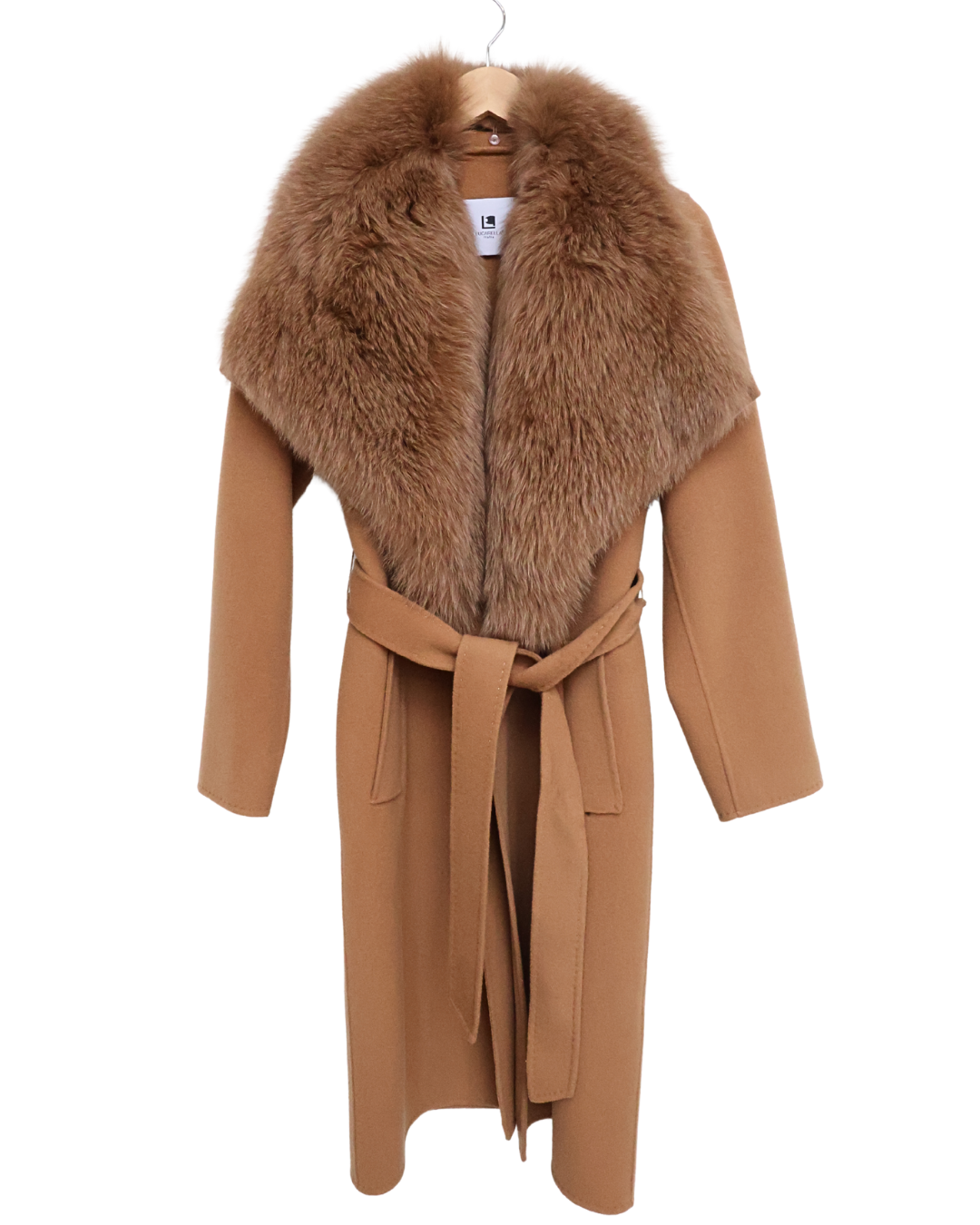 Camel Wool-Cashmere Coat with Fox Collar