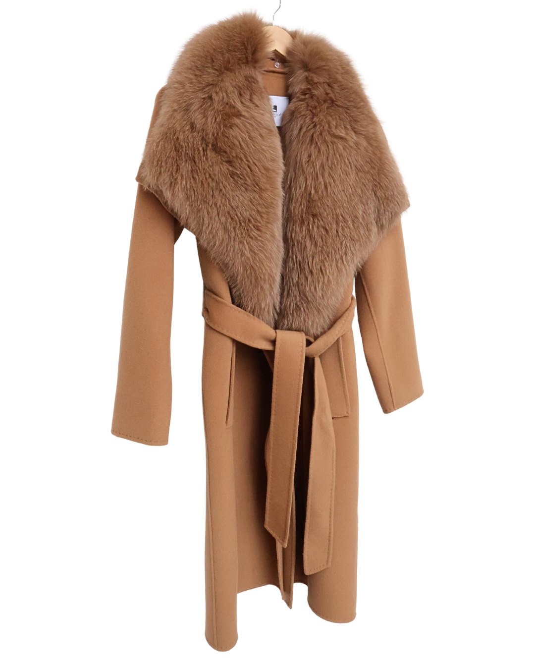 Camel Wool-Cashmere Coat with Fox Collar