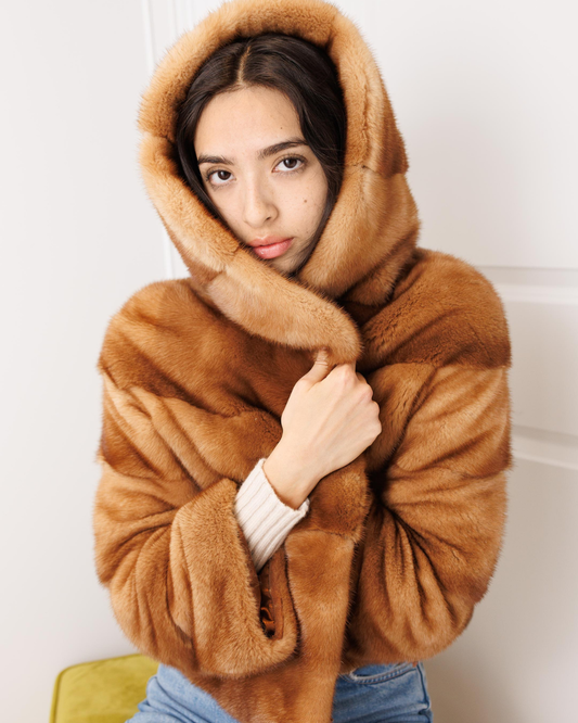 Camel Brown Mink Fur Jacket with Hood | Cropped Length