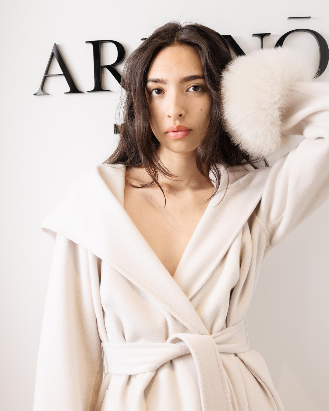 Beige Wool-Cashmere Coat with Fur Sleeves