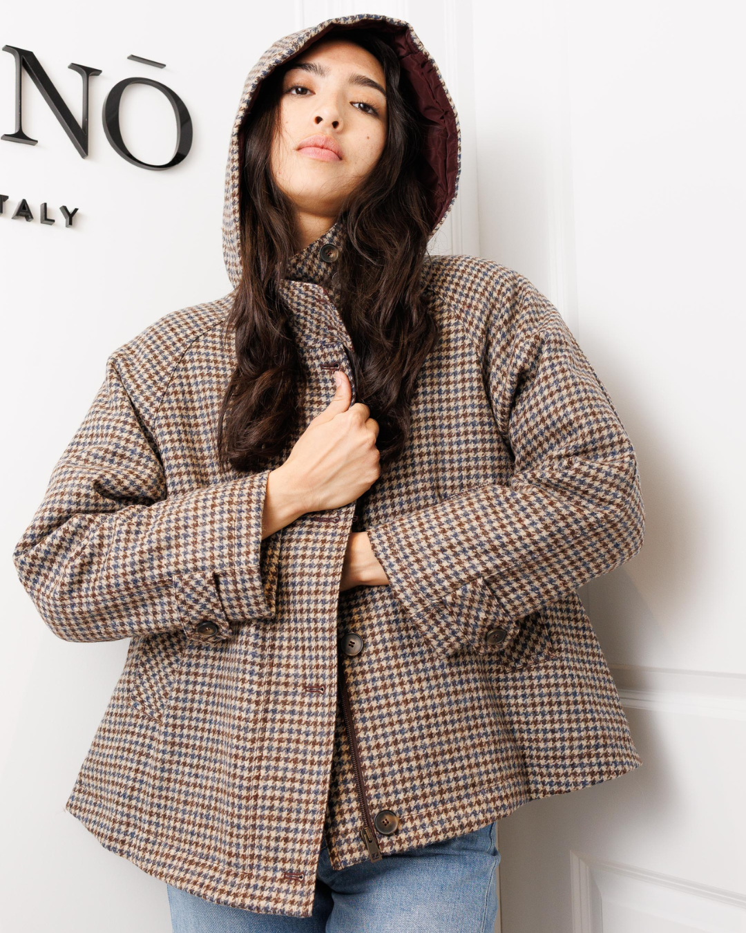 Plaid Cropped Hooded Spring Coat — Neutral Plaid
