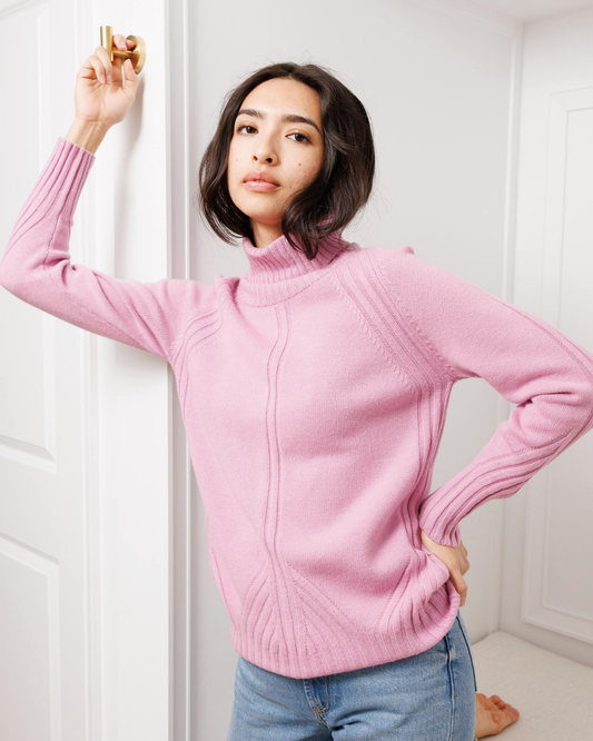Folded Turtleneck Ribbed Knit Sweater
