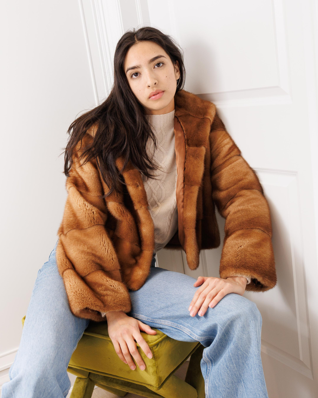 Camel Brown Mink Fur Jacket with Hood | Cropped Length