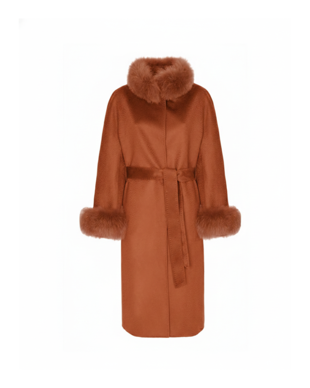 Burnt Orange Wool-Cashmere Coat with Fox Fur