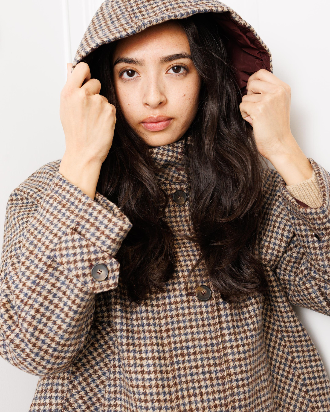 Plaid Cropped Hooded Spring Coat — Neutral Plaid