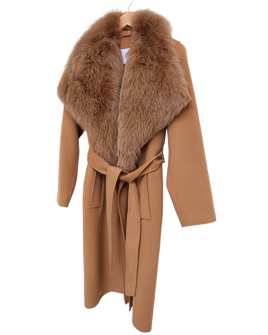 Camel Wool-Cashmere Coat with Fox Collar