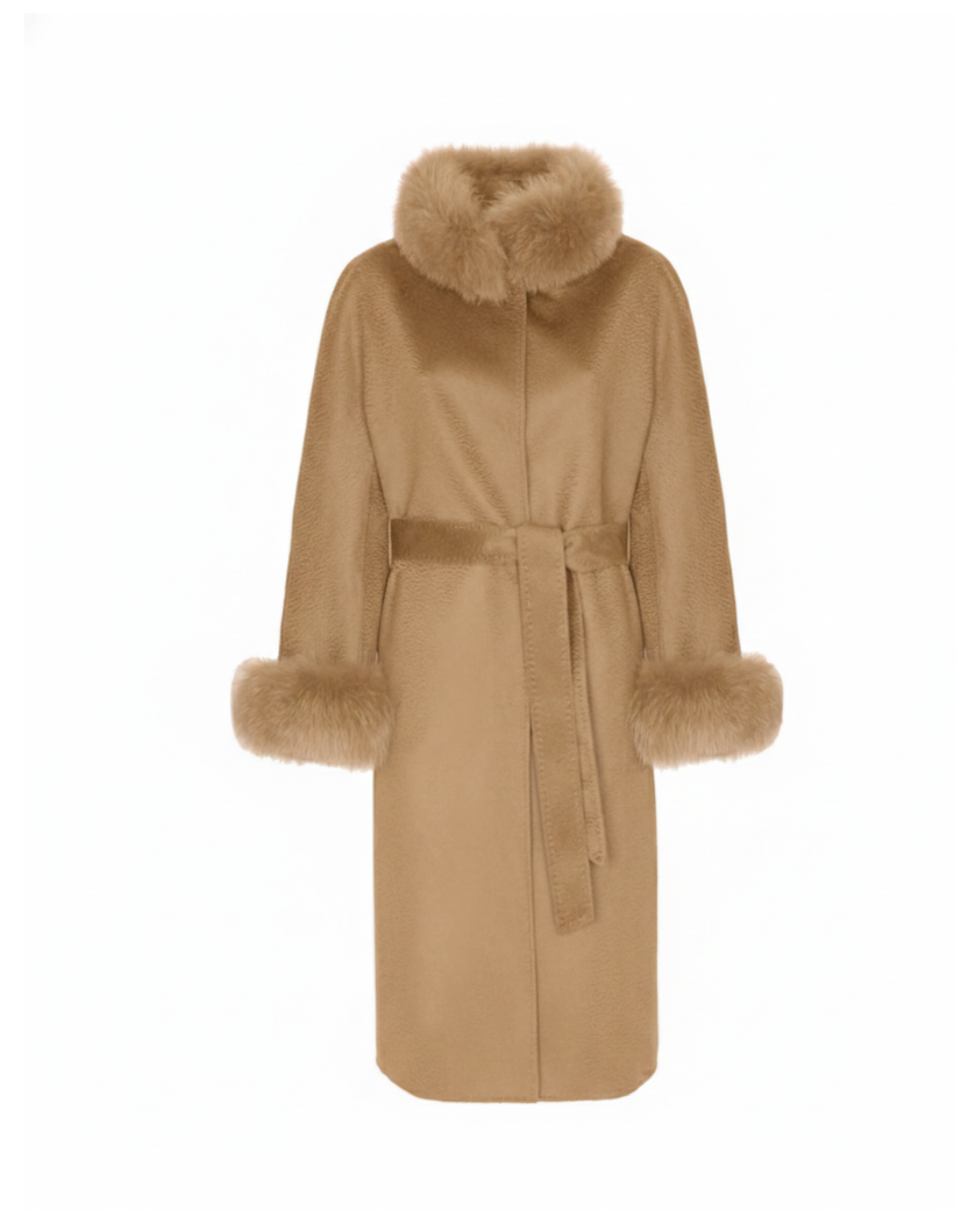 Camel Wool-Cashmere Coat with Fox Fur