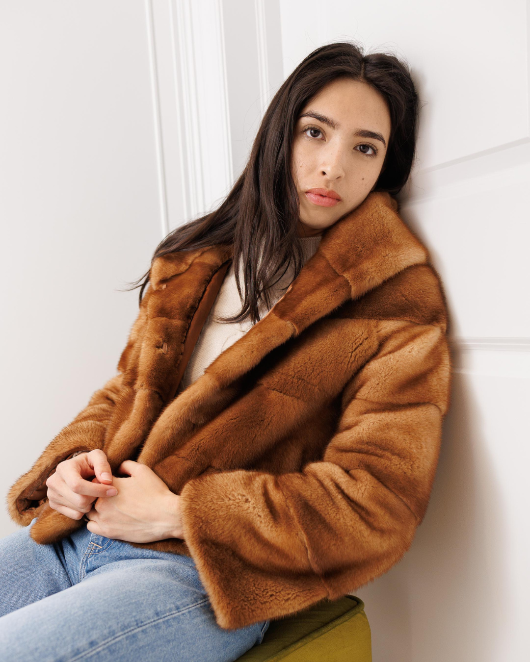 Camel Brown Mink Fur Jacket with Hood | Cropped Length