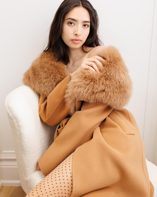 Camel Wool-Cashmere Coat with Fox Collar