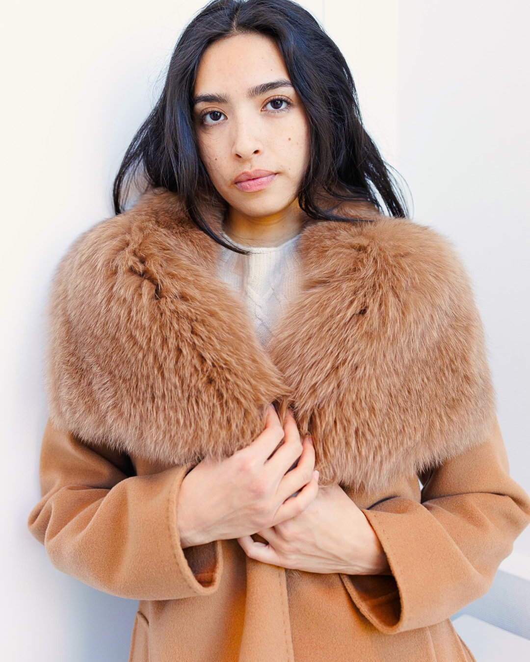 Camel Wool-Cashmere Maxi Coat with Fox Collar