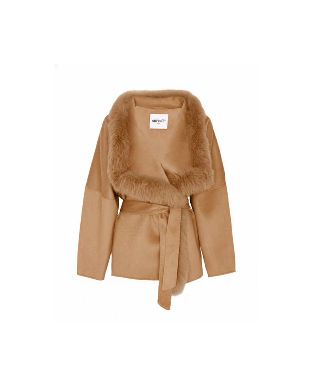 Camel Wool-Cashmere Cropped Coat with Fur Trim