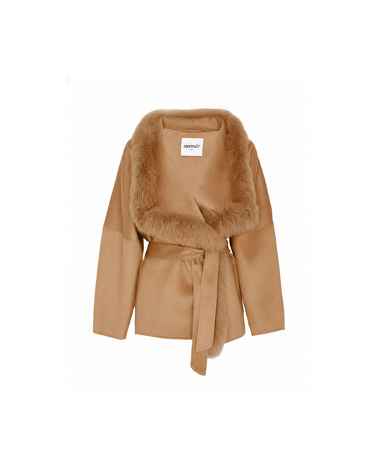 Camel Wool-Cashmere Cropped Coat with Fur Trim