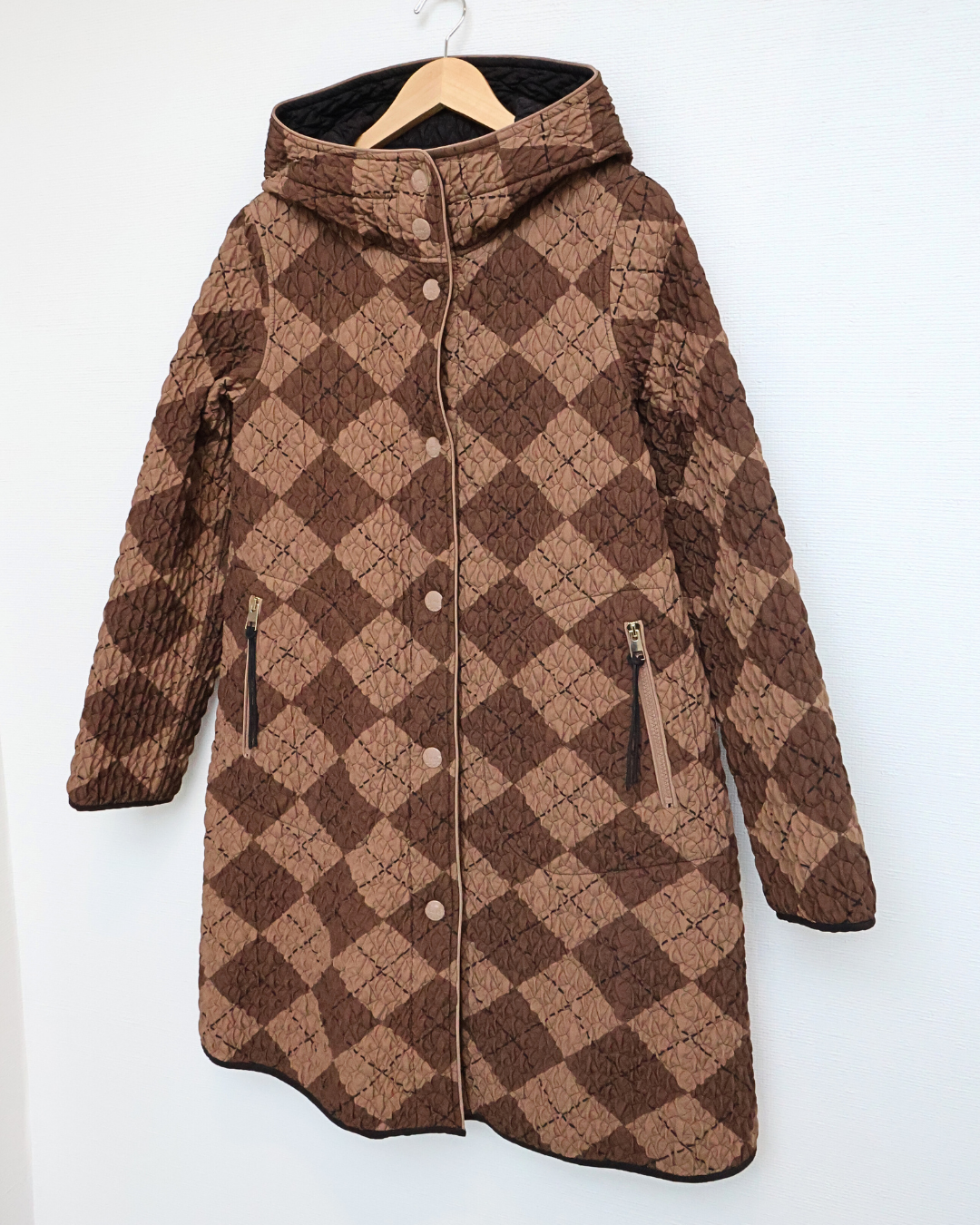 Quilted Check Knee-Length Coat — Brown