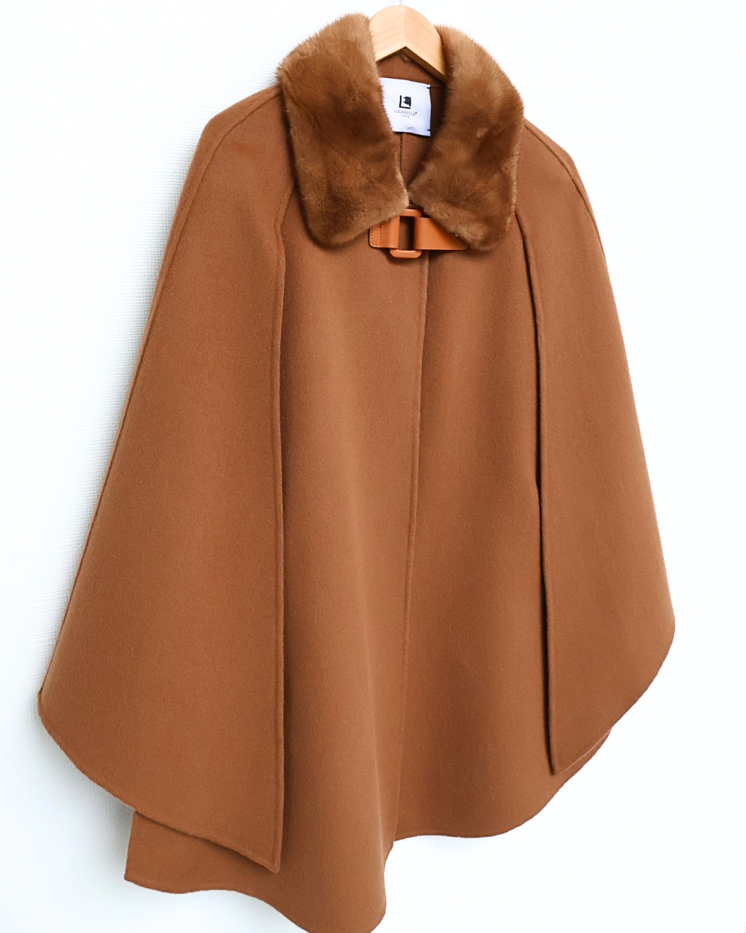 Camel Wool-Cashmere Cape with Leather Closure