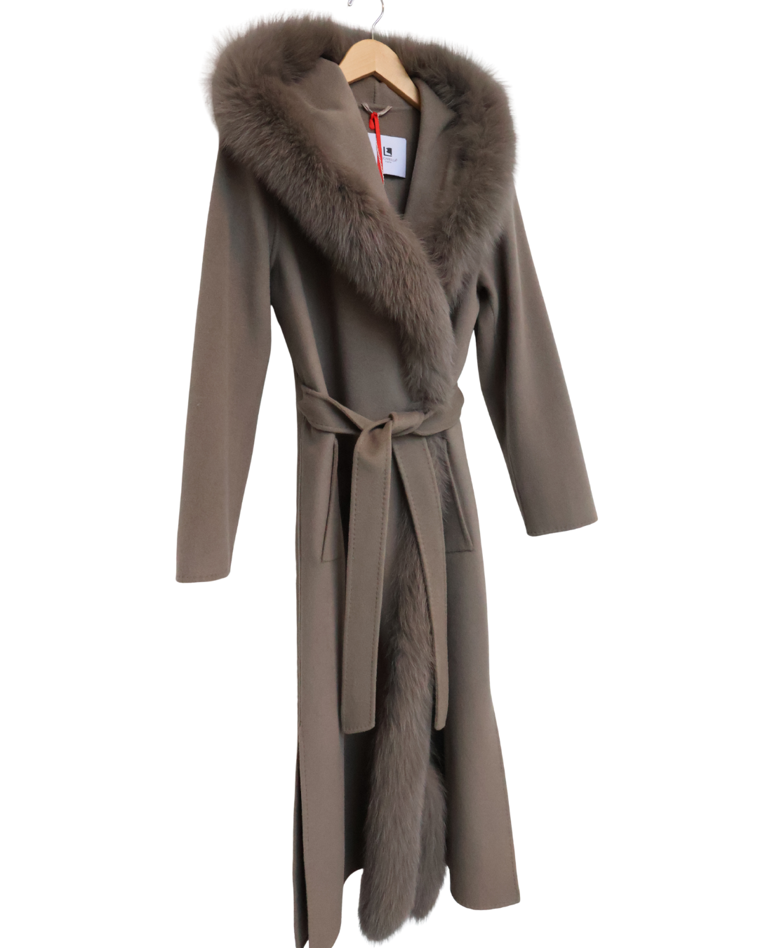 Taupe Wool-Cashmere Coat with Fur Trim
