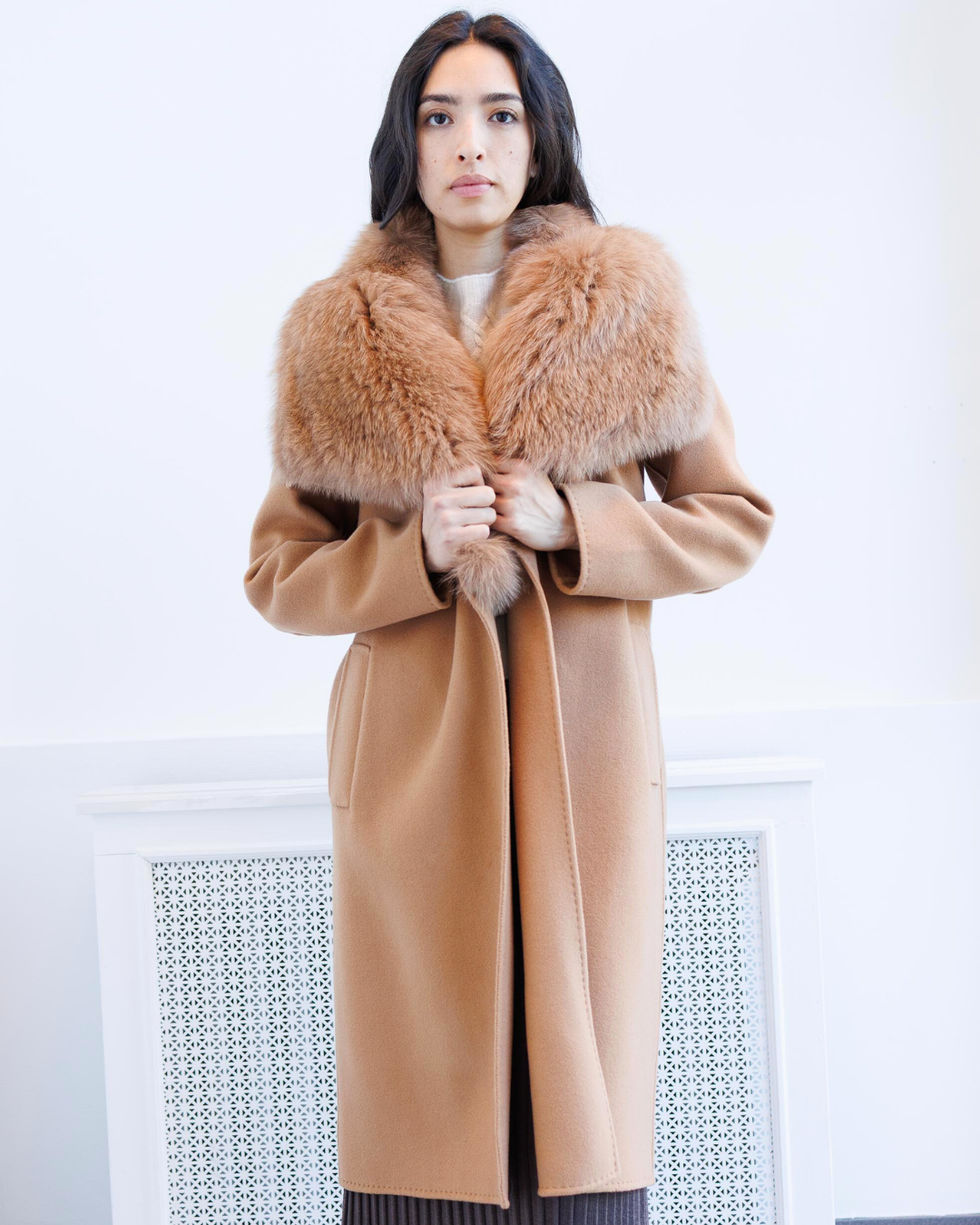 Camel Wool-Cashmere Coat with Fox Collar